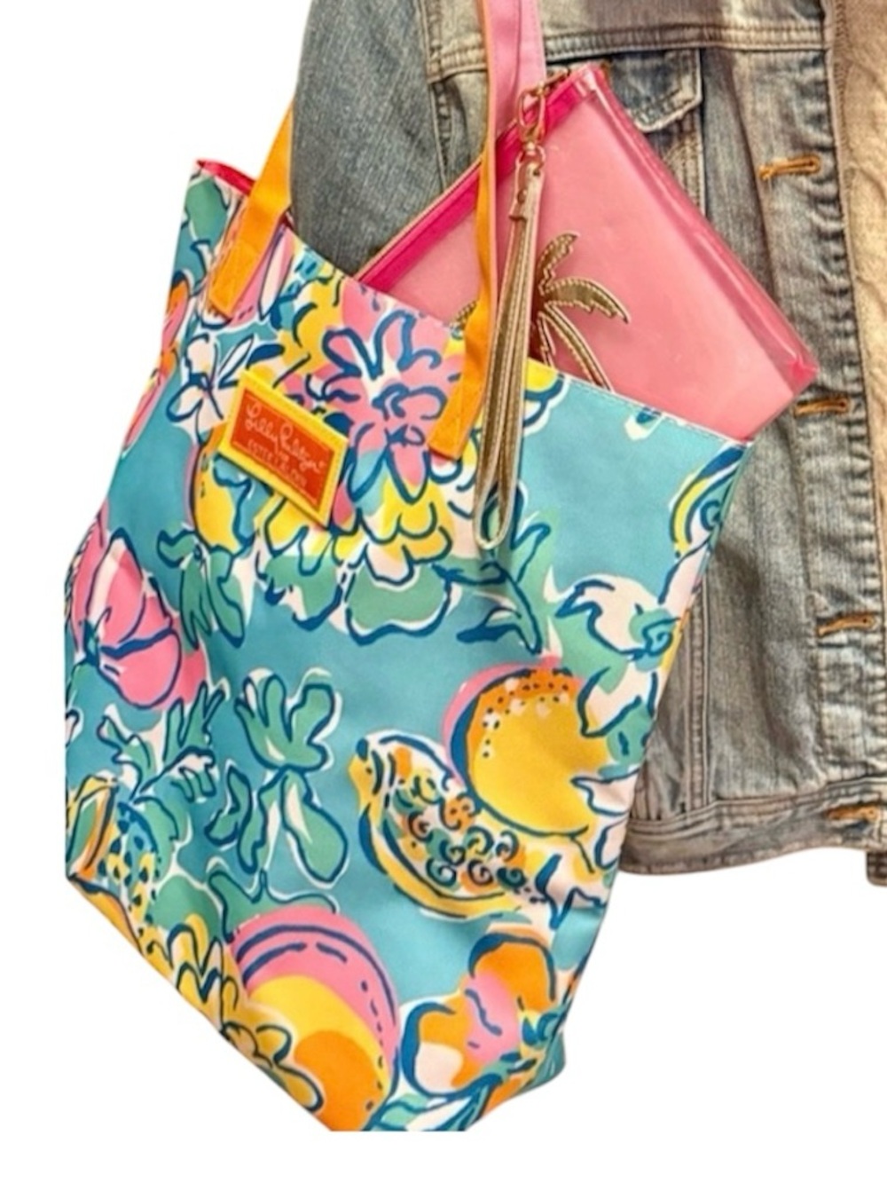 Lilly Pulitzer Floral Tote + LP Clear Pink Wristlet w Palm Travel Ready NWOT SET